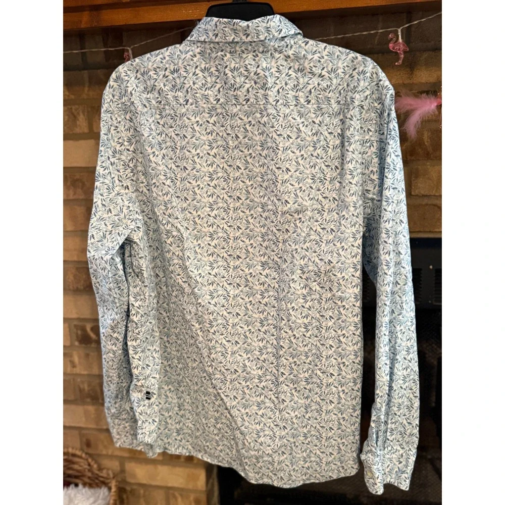 Nautica Womens Large Blue White Floral Leaf Print Button Down Shirt Classic Fit